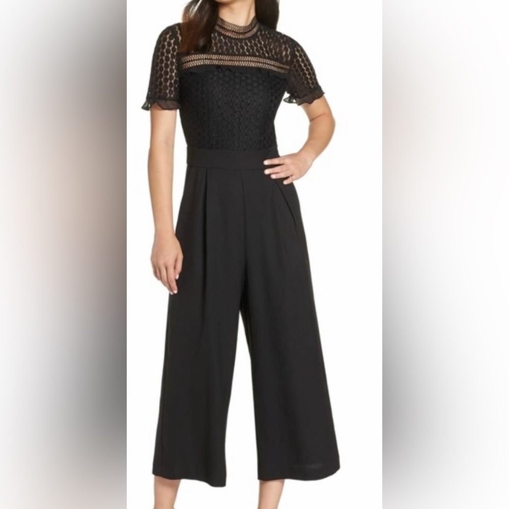 Chelsea 28 Cropped Wide Leg Jumpsuit Short Sleeve Crochet Embroidered Bodice